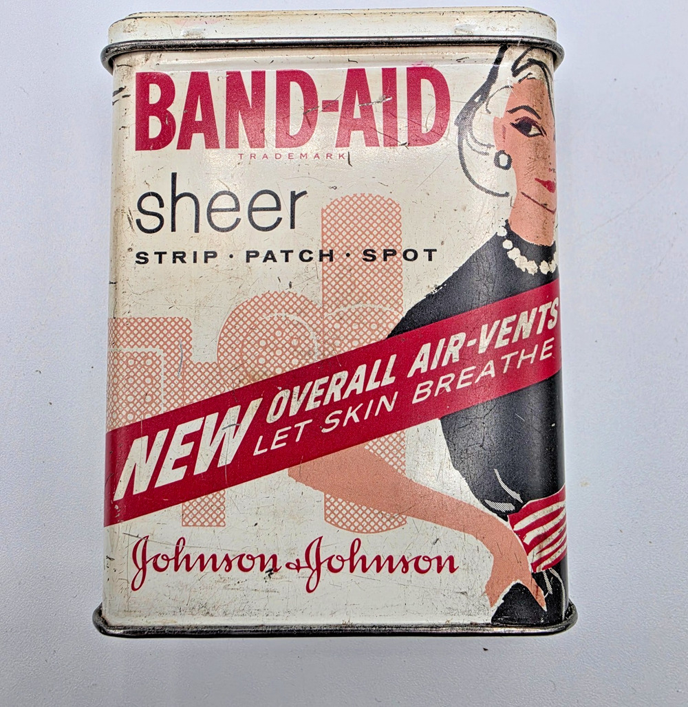 Vintage 1960s Band-Aid Sheer Metal Tin Johnson & Johnson Advertising Lady Empty